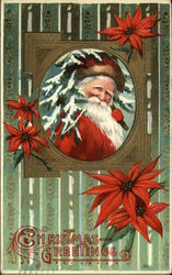 Santa Carrying Tree Framed by Poinsettias Santa Claus Postcard Postcard