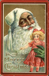 Santa in White Robe and Hat Carrying Doll in Red Dress Santa Claus Postcard Postcard