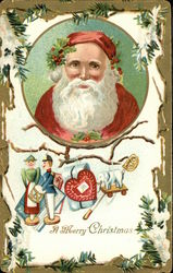 Santa in round picture with toys hanging from branches under picture Santa Claus Postcard Postcard