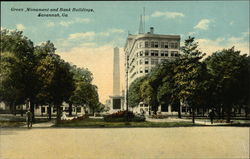 Green Monument and Bank Buildings Postcard