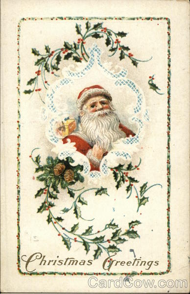 Christmas Greetings - Santa Claus with Holly Branches