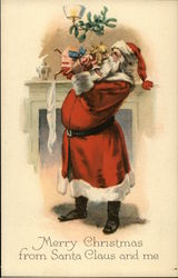 Santa Delivering Doll to Stocking on Fireplace Santa Claus Postcard Postcard