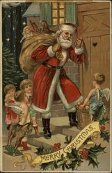 Santa with Sack of Toys, Plus Cherubs and Children Postcard