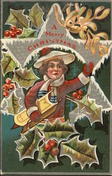 A Merry Christmas with Child and Toys surrounded by Holly Postcard