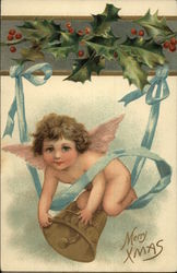 Merry Christmas with Angel, Bell and Holly Postcard