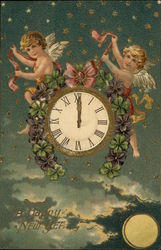 A Happy New Year with Cherubs and Clock Postcard