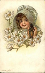 Little Girl With Bonnet Surrounded by Daisies Postcard