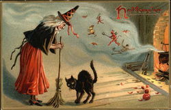 Witch Holding Broom and Black Cat Halloween Postcard Postcard