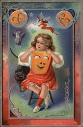 Halloween 1910 - with Child, Masks, Witch and Black Cat Postcard Postcard