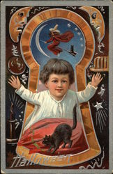 Child Framed by Keyhole With Witch Flying Above Halloween Postcard Postcard