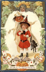 Halloween - Girl in Witch Hat, Black Cat, Bat and Jack O'Lanterns Postcard Postcard