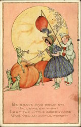 Pumpkins, Green Imps, And Two Children In Costume Halloween Postcard Postcard