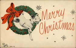 Merry Christmas - Little Nipper Jumps Through Wreath with Red Bow Postcard Postcard