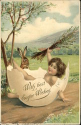 Child Emerges From Egg Shell While Rabbit Watches With Children Postcard Postcard