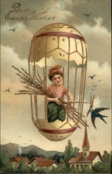 Boy Flying Above Town in Easter Egg With Children Postcard Postcard