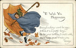 Little Girl In Cape And Umbrella Is Blown By The Wind Birthday Postcard Postcard