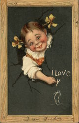 Little Girl Writing "I Love Y" On Chalkboard Postcard