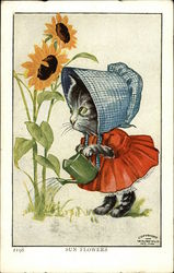 Sun Flowers, Cat in Red Dress and Blue Checked Bonnet Waters Sun Flowers Cats Postcard Postcard