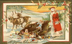 Santa With Reindeer, Sleigh, and Spilled Toys Postcard