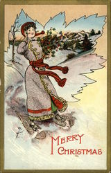 Woman On Snowshoes And With Holly Branches Christmas Postcard Postcard