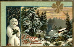 Winter Scene With Snowman Holding Holly Postcard