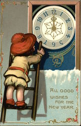 Child on Ladder By Clock Postcard