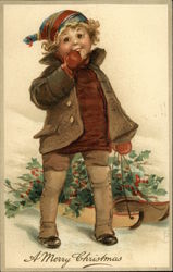 A Merry Christmas with Child pulling a sled full of Holly Branches Children Postcard Postcard