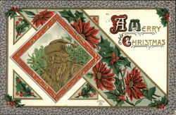 A Merry Christmas - Gold Embossed Santa and Red Poinsettias Postcard