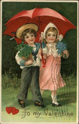 To My Valentine with Boy & Girl under Red Umbrella Postcard