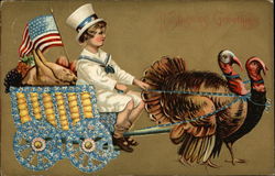 Turkeys Pulling Cart Driven by Boy in Top Hat Patriotic Postcard Postcard