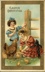 Easter Greetings with Two Girls and Chicks With Chicks Postcard Postcard