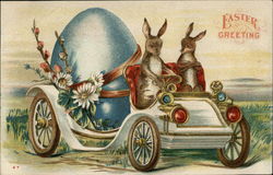 Easter Greetings - Two Rabbits Riding Card with Large Blue Easter Egg Postcard