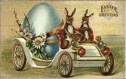 Easter Greeting with Bunnies Hauling Large Egg in a Car Postcard