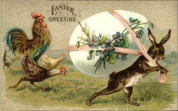 Easter Greeting with Chickens and Bunny Carrying Large Egg With Chicks Postcard Postcard