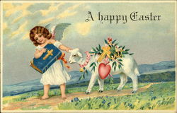 A Happy Easter with Angel Leading Lamb Postcard