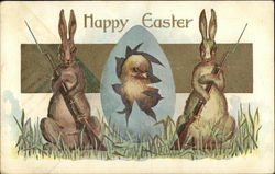 Two Rabbits With Rifles Guard Chick Emerging From Egg With Bunnies Postcard Postcard