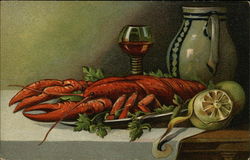 Still Life of Lobster on a Platter, Lemon, Glass of Wine and Green Pottery Pitcher Postcard Postcard