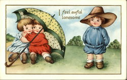 Little Boy Watches Two Children Hug Beneath Umbrella Postcard