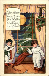 Two Children Waiting at Window For Santa Postcard Postcard