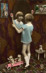 Girl in Blue Looking in Mirror Children Postcard Postcard