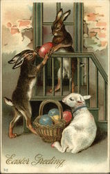 Easter Greeting - Rabbits with Eggs and Lamb With Bunnies Postcard Postcard