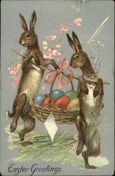 Easter Greetings with Bunnies Carrying Basket of Colorful Eggs Postcard