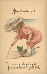 Little Girl Draws A Heart Shape In The Sand Postcard