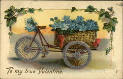 Bicycle Cart With Blue Flowers and Hearts Postcard Postcard