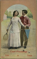 Woman And Man Hold Tennis Rackets Near The Net Couples Postcard Postcard