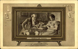 Vignette Featuring Man And Woman Playing Cards Postcard