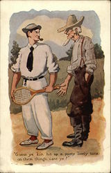 Old Timer Speaks To A Man Holding Tennis Racket Comic, Funny Postcard Postcard