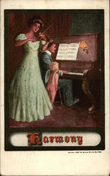 Cupid Watches While Woman Plays Violin and Man Plays Piano Postcard