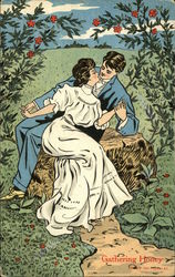 "Gathering Honey" - Couple Embracing on Rock under Flowering Vines Postcard