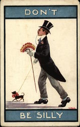 Man In Top Hat And Tails, With Bouquet And Tiny Dog On Leash Caricatures Postcard Postcard